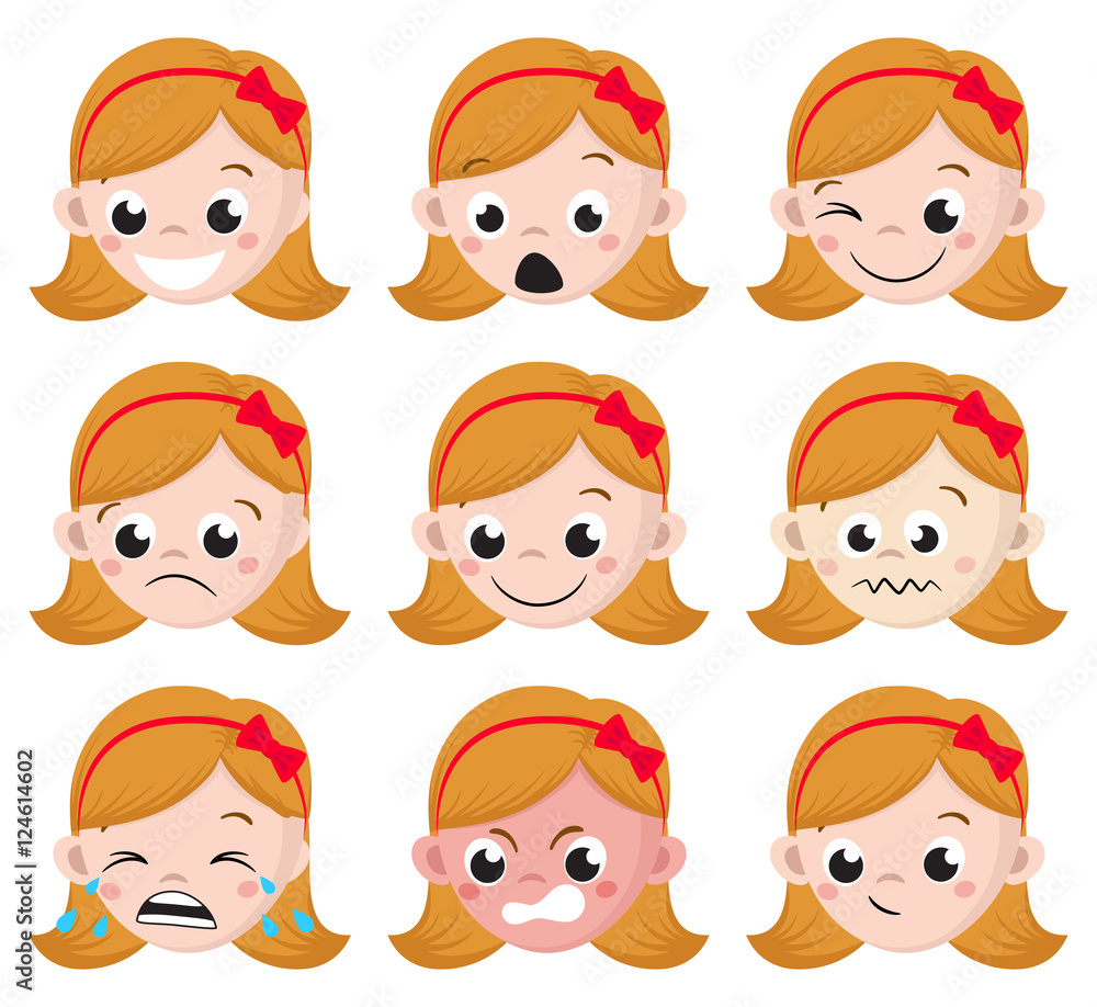 Girl Emotion Faces Cartoon. Isolated set of female avatar expressions. Vector Illustration Girl Emotion Faces Cartoon. Isolated set of female avatar expressions. Vector Illustration