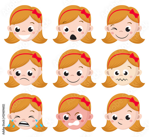 Girl Emotion Faces Cartoon. Isolated set of female avatar expressions. Vector Illustration