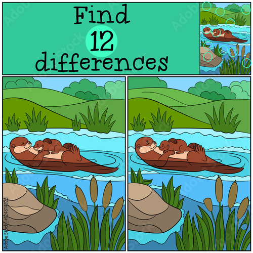 Educational game: Find differences. Mother otter with her baby.