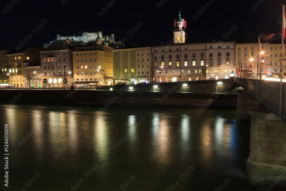 Old historic city of Salzburg in Austria by night