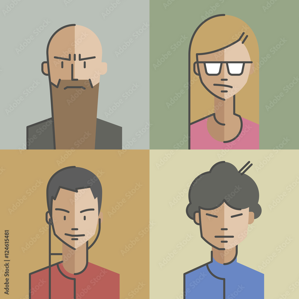 Male and female character faces avatars. Flat style with thin line icons. Vector Male and female character faces avatars. Flat style with thin line icons. Vector