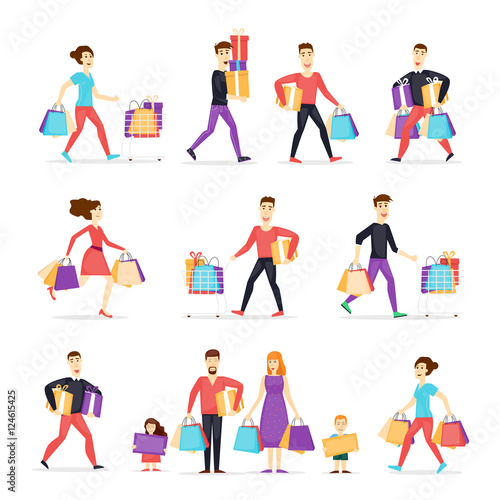 Sale. Collection going shopping people with shopping. Characters. Shopping people woman and man with bags. Family shopping. Flat design vector illustration.