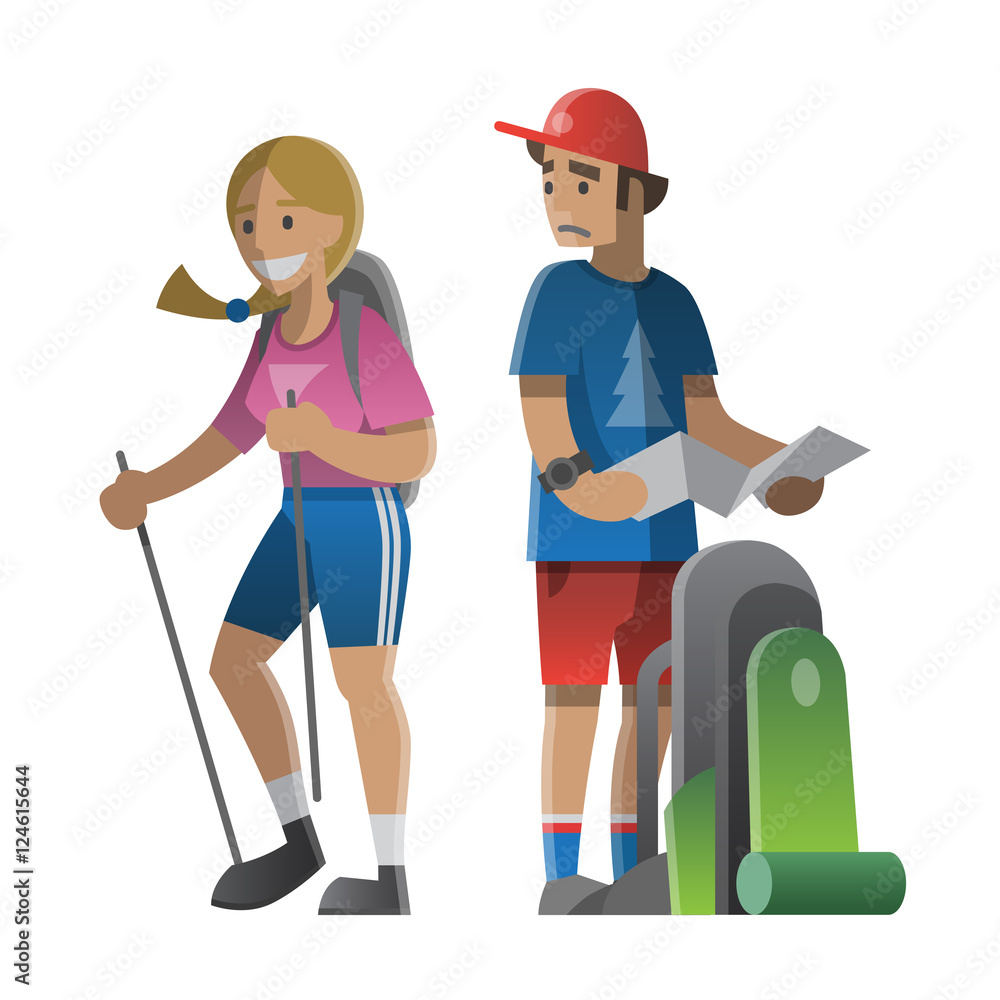 Vector illustration on the theme of hiking, backpacking, climbing, traveling, trekking, walking. Group of people. Adventure in nature, outdoor recreation, vacation. For postcard, banner, web design Vector illustration on the theme of hiking, backpacking, climbing, traveling, trekking, walking. Group of people. Adventure in nature, outdoor recreation, vacation. For postcard, banner, web design