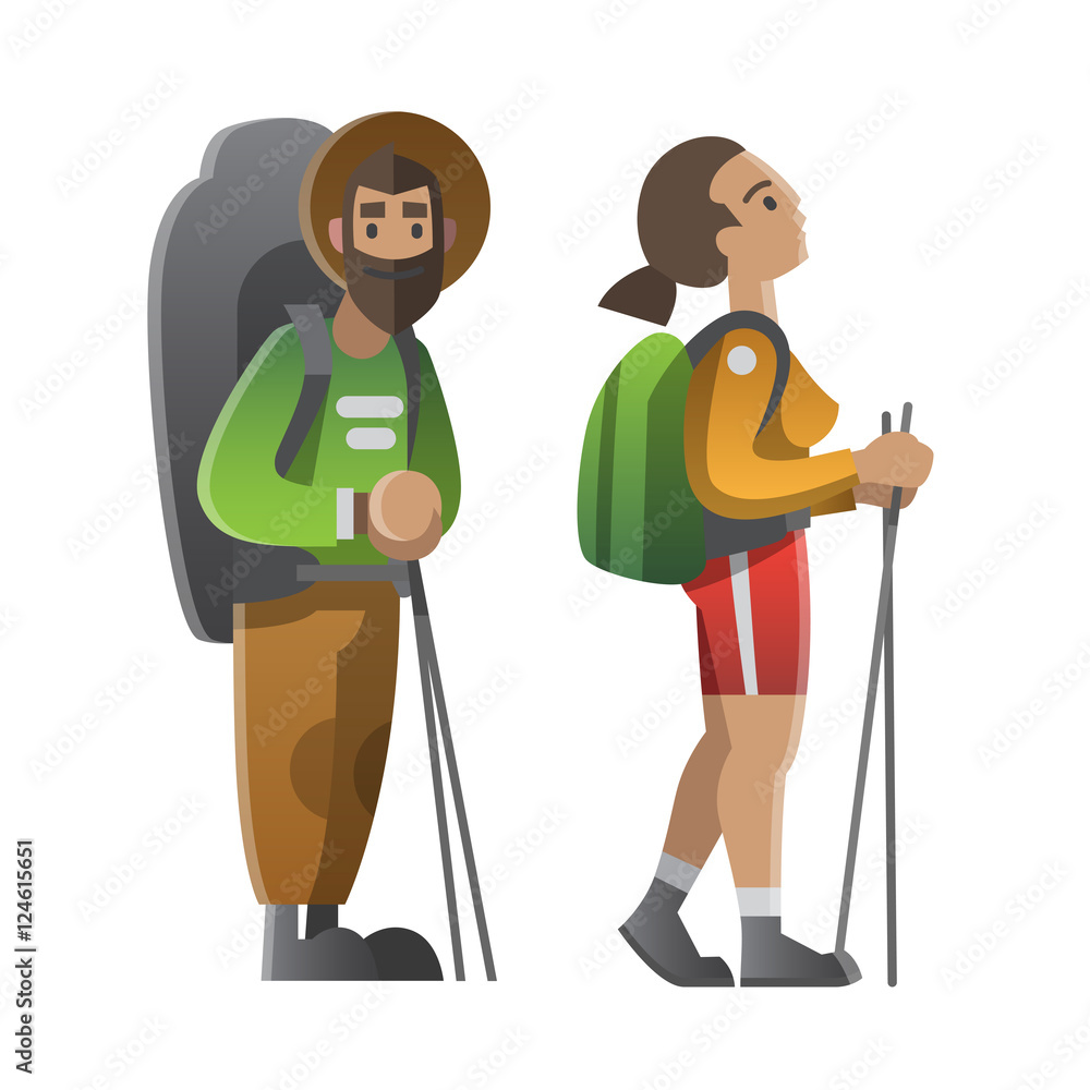 Vector illustration on the theme of hiking, backpacking, climbing, traveling, trekking, walking. Group of people. Adventure in nature, outdoor recreation, vacation. For postcard, banner, web design Vector illustration on the theme of hiking, backpacking, climbing, traveling, trekking, walking. Group of people. Adventure in nature, outdoor recreation, vacation. For postcard, banner, web design