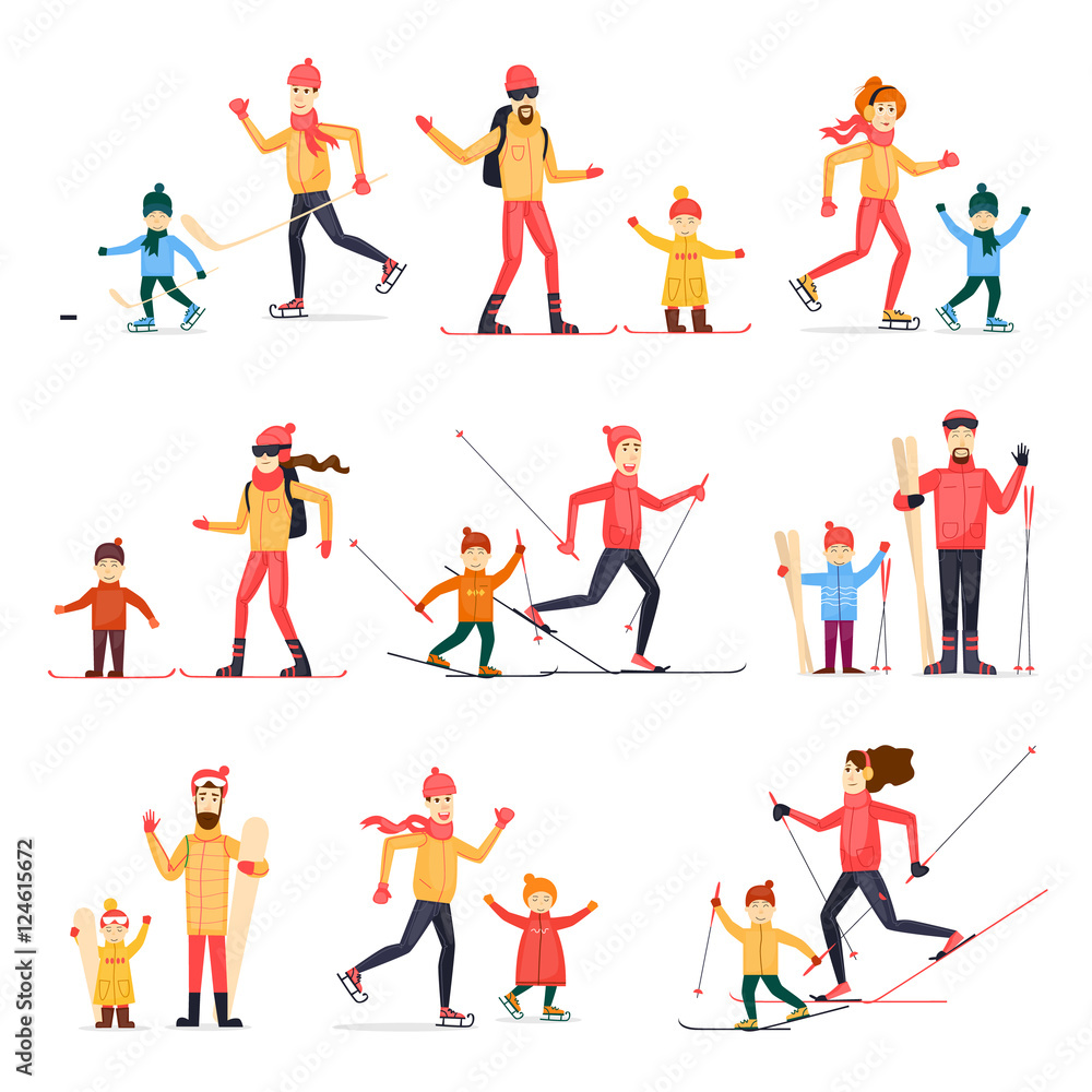 Winter sports with adult children. Skiing, skating, snowboarding, hockey. Characters. Flat design vector illustration.