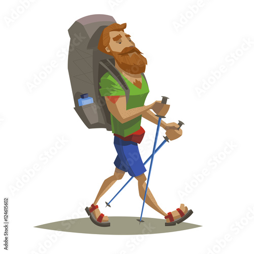 Hiker walking with backpack. Backpacker with read beard and tattoo holding sticks. Outdoor adventure, nature traveling. Vector illustration, modern flat style. For banner, postcard, web