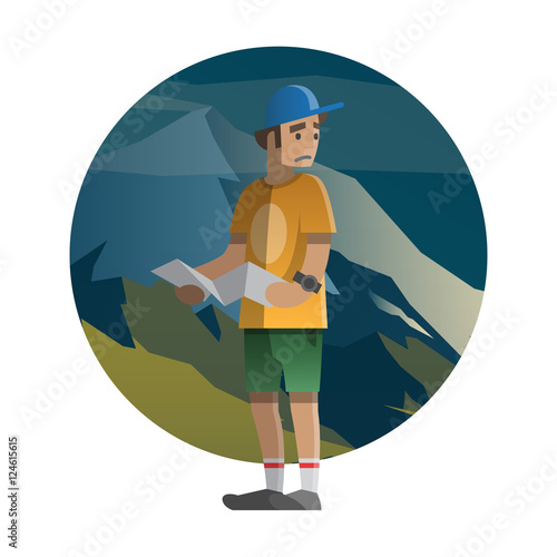 Vector illustration on the theme of hiking, backpacking, climbing, traveling, trekking, walking. Young men lost in the wild. Adventure in nature, outdoor recreation, vacation. For postcard, banner web