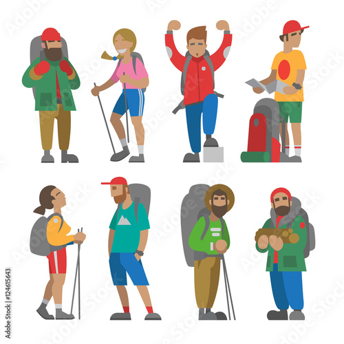 Vector illustration on the theme of hiking, backpacking, climbing, traveling, trekking, walking. Set of people. Adventure in nature outdoor recreation vacation. For postcard, banner, web