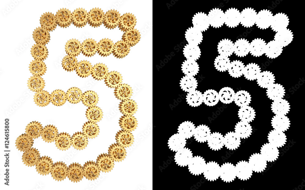 Number five from gold gear mechanism. Alpha channel. 3D illustration Number five from gold gear mechanism. Alpha channel. 3D illustration