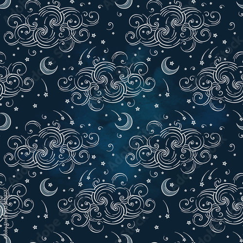 Vector seamless pattern with celestial bodies - moons, stars and clouds. Boho chic print hand drawn textile design