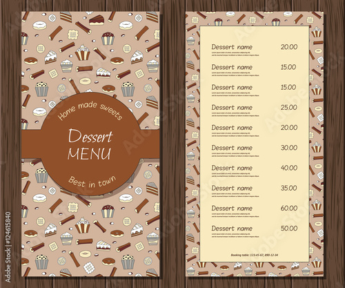 Vector dessert menu template. Restaurant or cafe retro background. Chocolate, cake, brochure. Home made sweets. Bakery business illustration.