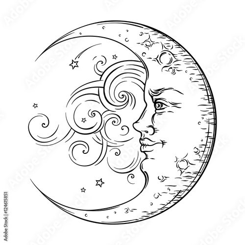 Antique style hand drawn art crescent moon. Boho chic tattoo design vector