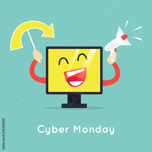 Cy-ber Monday. Online shopping, sale. Computer. Flat design vector illustration.