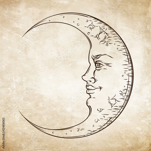 Antique style hand drawn art crescent moon. Boho chic tattoo design vector