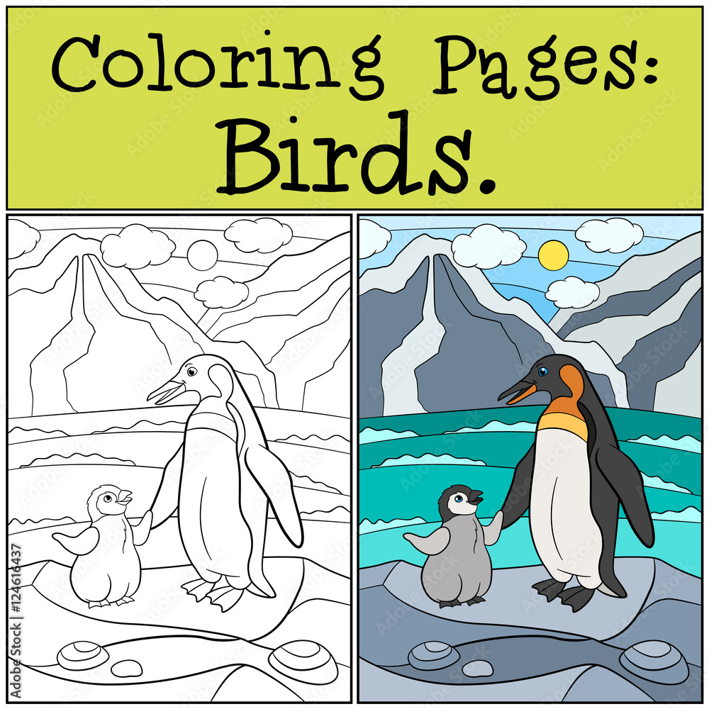 Fototapeta premium Coloring Pages: Birds. Mother penguin with her cute baby.