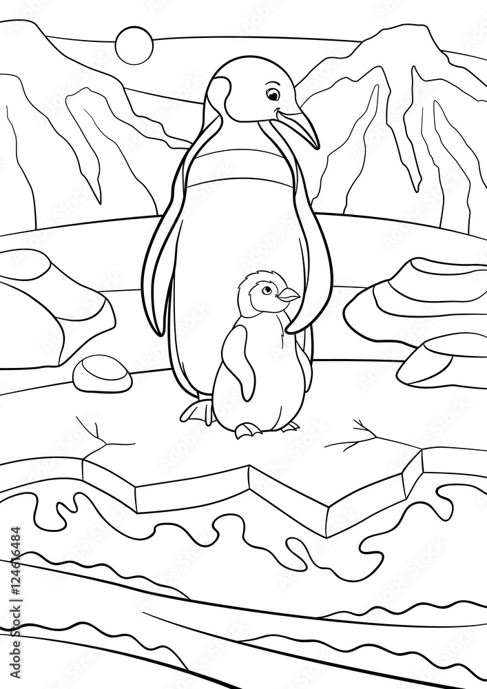 Obraz premium Coloring pages. Mother penguin with her cute baby.