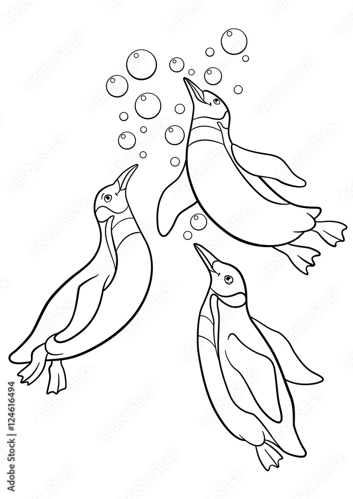 Obraz premium Coloring pages. Three little cute penguins swim.