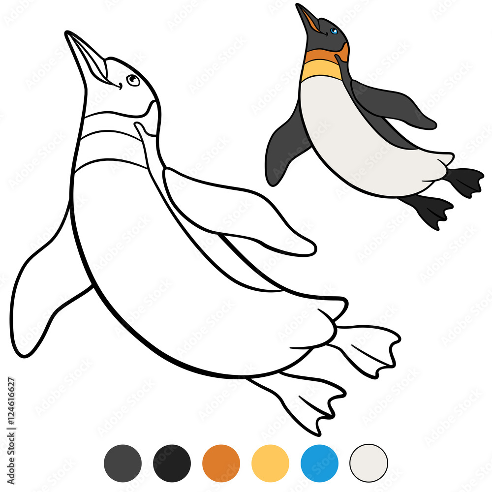 Obraz premium Coloring pages. Little cute penguin swims.