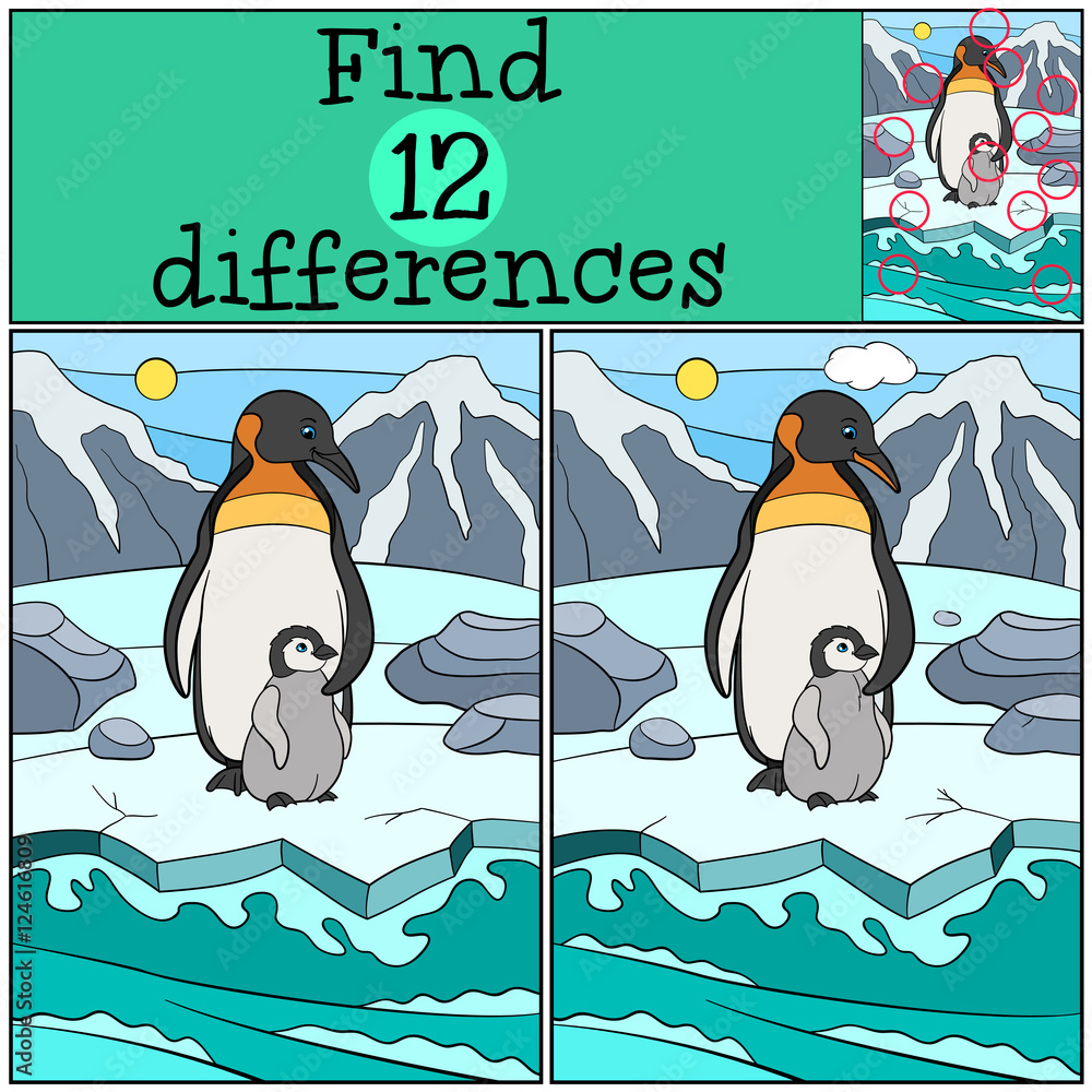 Obraz premium Educational game: Find differences. Mother penguin with baby.