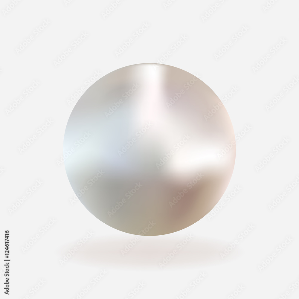 Beautiful 3D shiny natural white Pearl with light effects Vector Illustration. Isolated with shadow