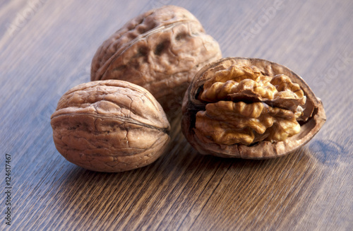 walnuts on the wooden-table.