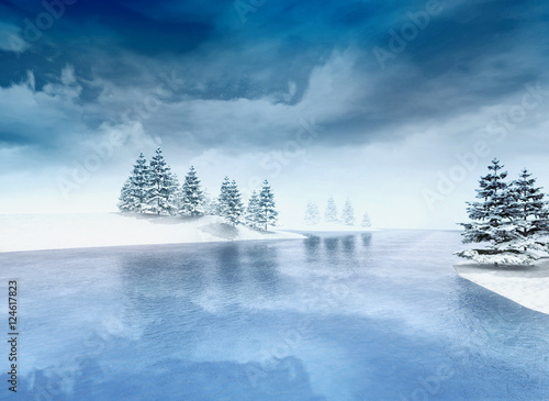 Cuadro en lienzo frozen lake with trees and cloudy sky