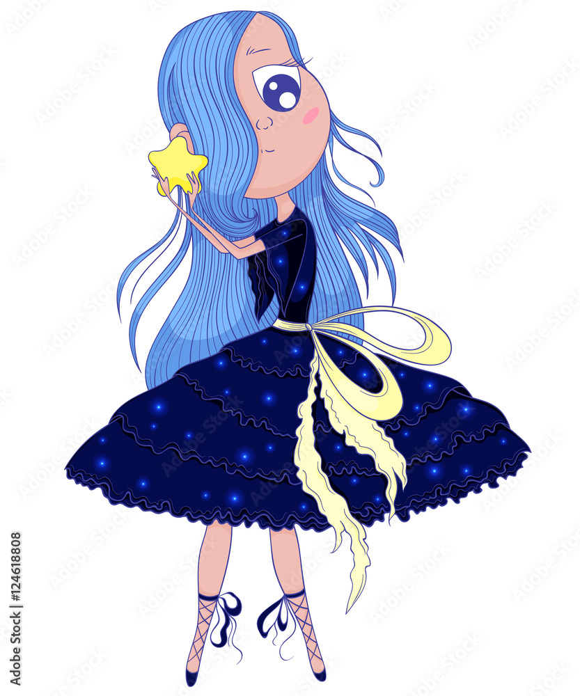 Cute anime ballerina with blue hair in tutu holding in her hands star. Cartoon character. Vector illustration