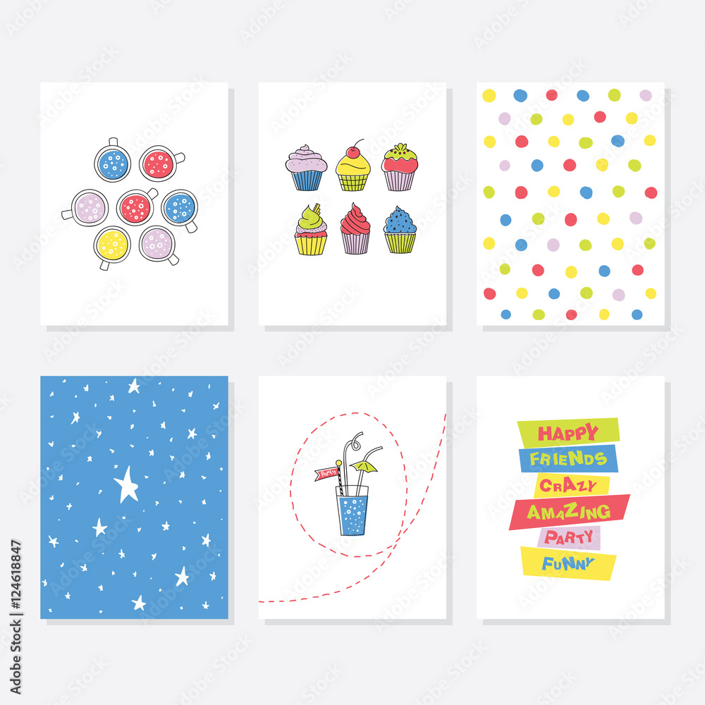 Set of 6 Cute Creative Cards Templates With Party Theme Design.