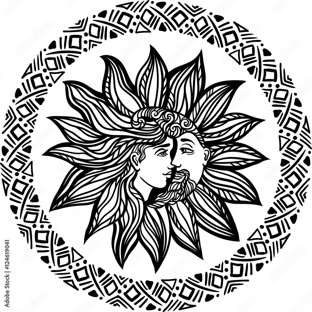 Obraz premium Bohemian hand drawn sun and moon.