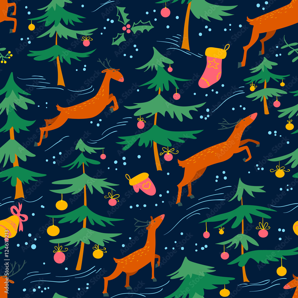 Chirstmas seamless pattern with cute deers and decorated pine tree Chirstmas seamless pattern with cute deers and decorated pine tree