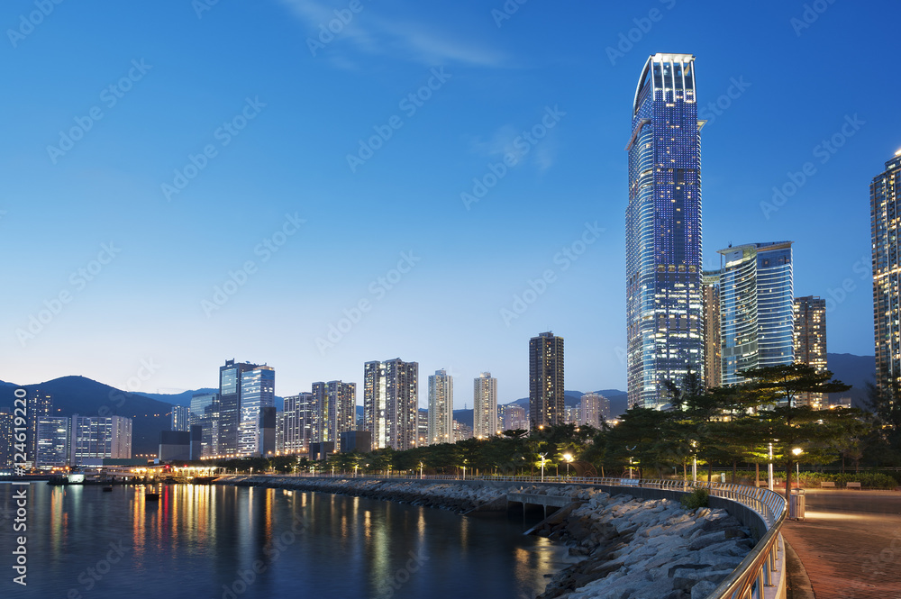 Sea side promenade of Hong Kong city at dusk