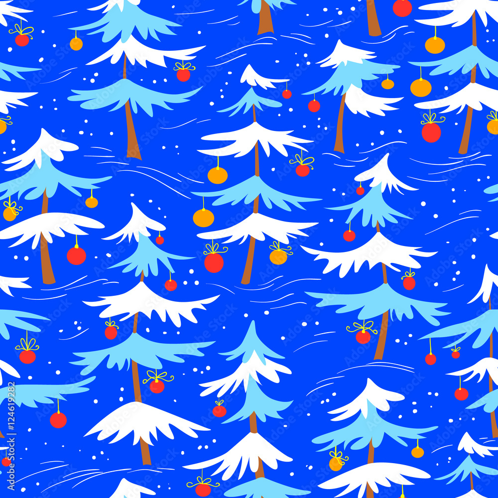 Obraz premium Cute winter seamless pattern with Christmas tree in cartoon style
