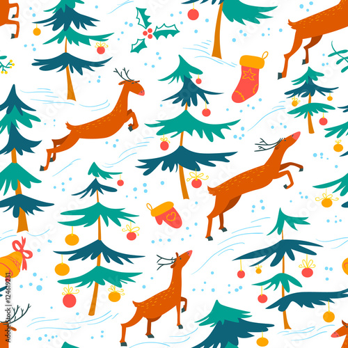 Chirstmas seamless pattern with cute deers and decorated pine tree