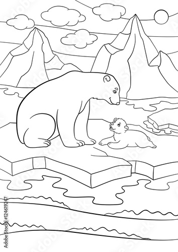 Coloring pages. Mother polar bear with her cute baby.