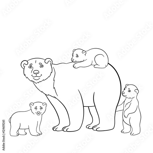 Coloring pages. Mother polar bear with hercute babies.