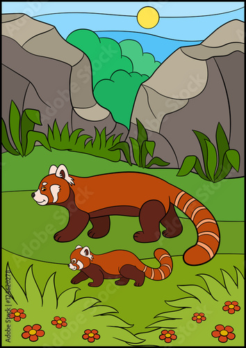 Fototapeta Naklejka Na Ścianę i Meble -  Cartoon wild animals. Mother red panda with her cute baby.