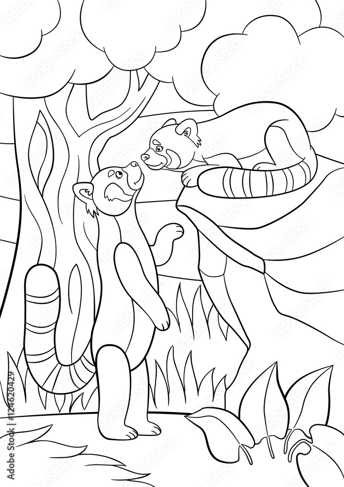 Coloring pages. Two little cute red pandas.