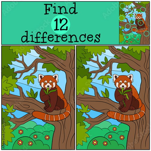 Educational game: Find differences. Little cute red panda eats.