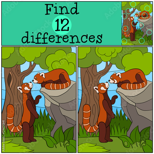 Fototapeta Naklejka Na Ścianę i Meble -  Educational game: Find differences. Two little cute red pandas.