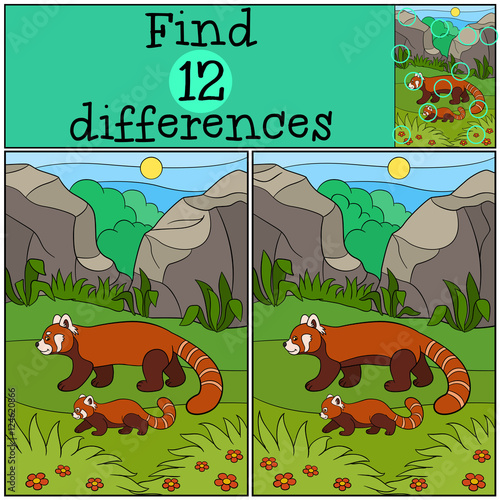 Fototapeta Naklejka Na Ścianę i Meble -  Educational game: Find differences. Mother panda walks with cute