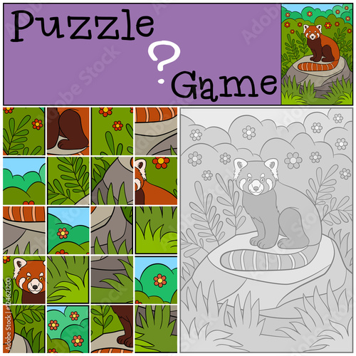 Fototapeta Naklejka Na Ścianę i Meble -  Education game: Puzzle. Little cute red panda smiles.