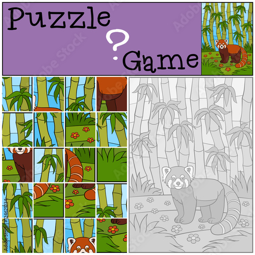 Fototapeta Naklejka Na Ścianę i Meble -  Education game: Puzzle. Little cute red panda smiles.