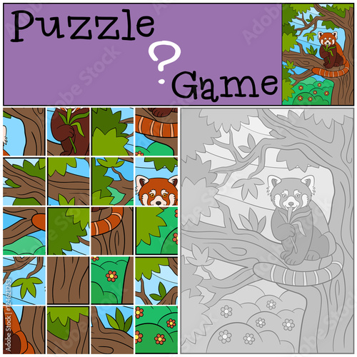 Fototapeta Naklejka Na Ścianę i Meble -  Education game: Puzzle. Little cute red panda eats leaves.