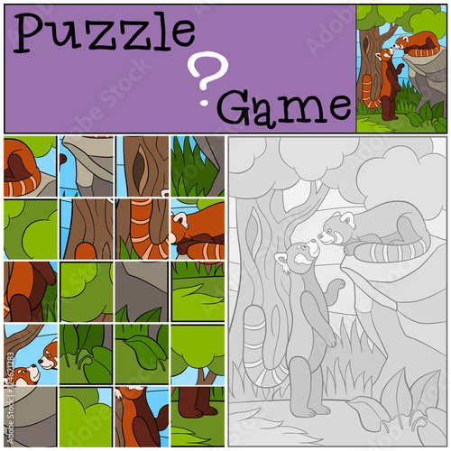 Fototapeta Naklejka Na Ścianę i Meble -  Education game: Puzzle. Two little cute red pandas.