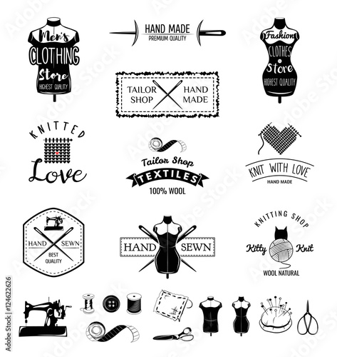 Set of vintage tailor labels, emblems and designed elements. Tailor shop theme