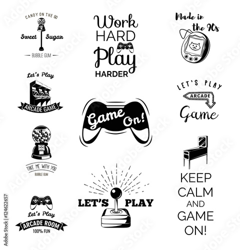 Vector video games labels set. Arcade game room. Let s play videogame. Gum machine. gumball