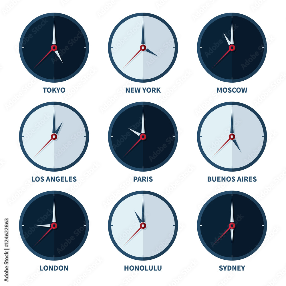 World clocks for time zones of different cities vector set Stock Vector
