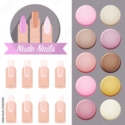 Nude Nails Salon - vector logo, icons and color palete with fingernails in different shapes. Beauty spa illustration with creative manicure style for women and girls