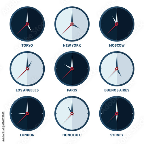 World clocks for time zones of different cities vector set