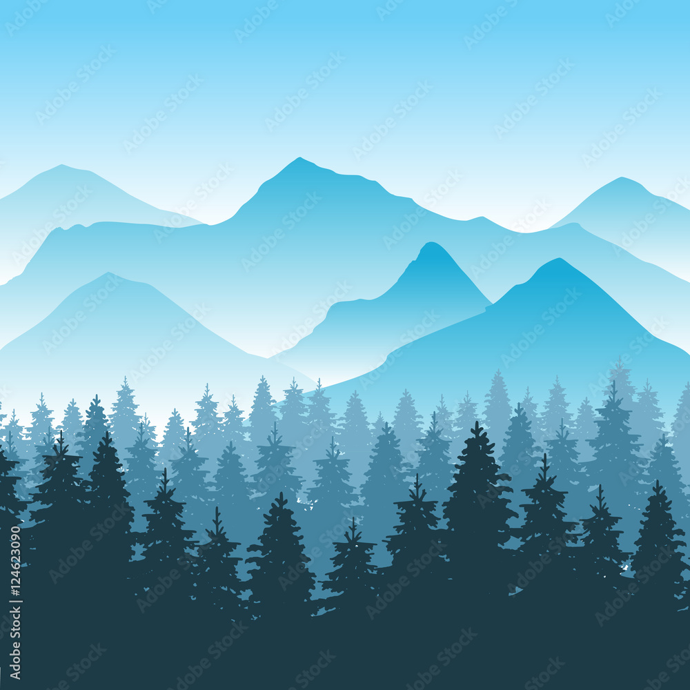 Abstract hiking adventure vector background with mountain and forest